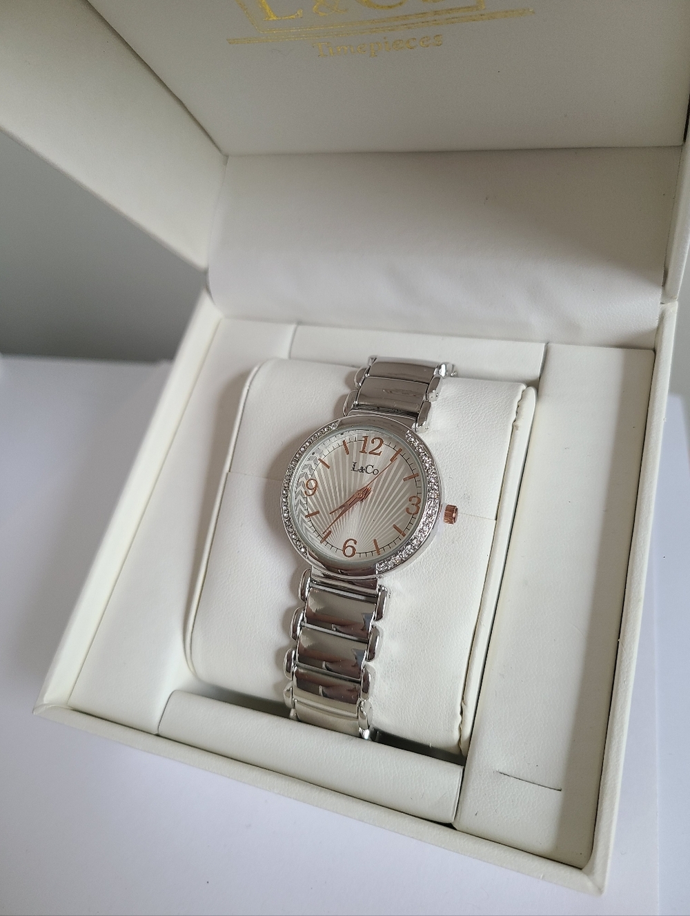L&Co Ladies Stainless Steel Silver Rhinestone Round Bezel Fancy Dress Watch